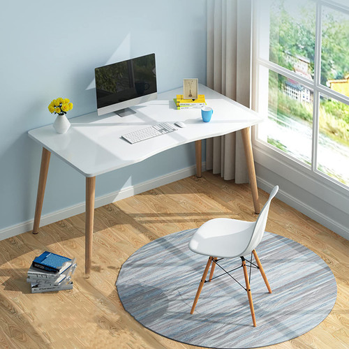Writing Desk Table, Modern Simple Style Ergonomic Arc Design Table Solid Wood Heavy Duty Desktop Spacious Thickened Work Computer Desk Saving Space Bedroom White Table for Home Office (White)
