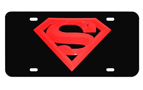 Oversized Superman 3D Red Emblem on Black Metal Front License Plate