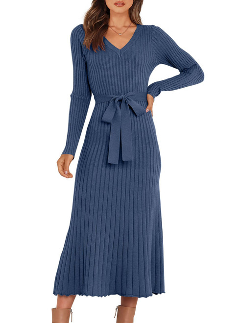 ANRABESS Womens Sweater Dress Long Sleeve Knitted V Neck Tie Waist Sexy Fitted 2023 Fall Fashion Clothes Winter Outfits Bodycon Midi Ribbed Sweater Dress 994dianlan-S Dusty Blue