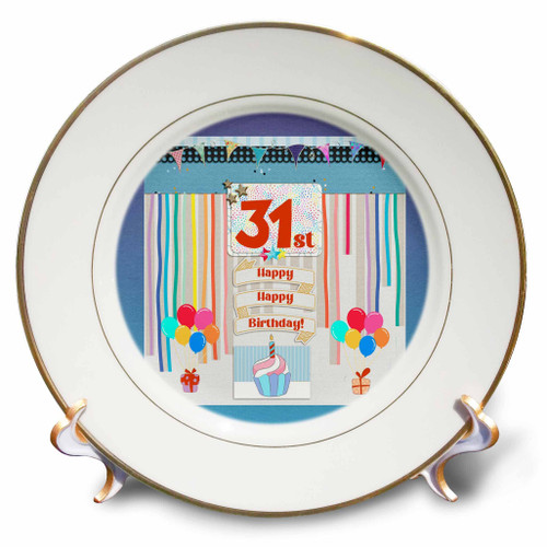 3dRose Image of 31st Birthday Tag, Cupcake, Candle, Balloons, Gift, Streamer - Plates (cp_359592_1)