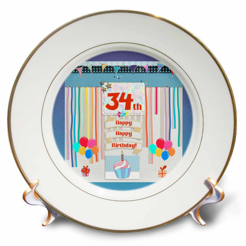 3dRose Image of 34th Birthday Tag, Cupcake, Candle, Balloons, Gifts, Streamer - Plates (cp_359595_1)