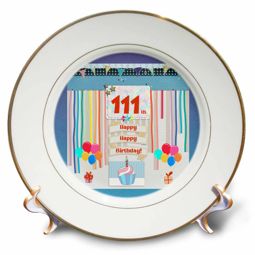 3dRose Image of 111th Birthday Tag, Cupcake, Candle, Balloons, Gift, Streamer - Plates (cp-360421-1)