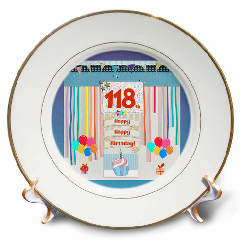 3dRose Image of 118th Birthday Tag, Cupcake, Candle, Balloons, Gift, Streamer - Plates (cp-360428-1)