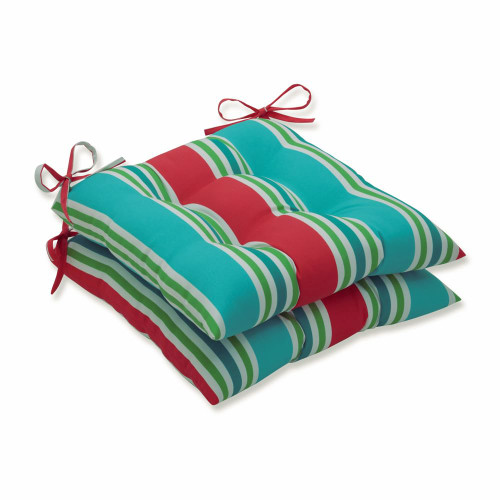 Pillow Perfect Stripe Indoor/Outdoor Chair Seat Cushion with Ties, Tufted, Weather, and Fade Resistant, 18.5" x 19", Green/Pink Aruba, 2 Count