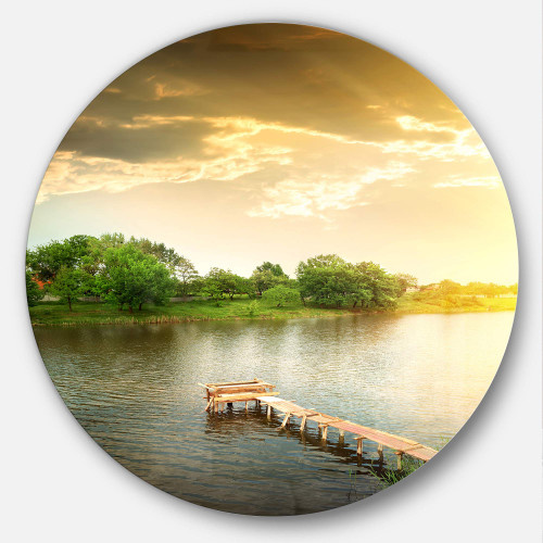 Designart Lake Under Evening Sun Landscape Photo Round Metal Wall Art Disc of 23 inch, 23" x 23", Green/Yellow