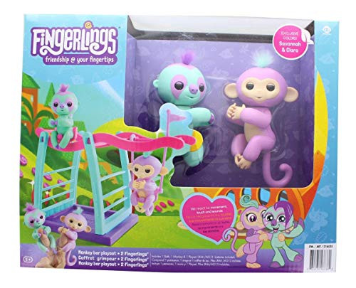 WowWee Fingerlings Playset - Monkey bar/Swing Playground with One Monkey & One Sloth  Savannah (Light Purple) & Clara (Turquoise)