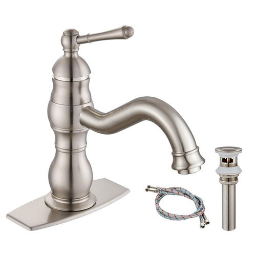 Heyalan Brushed Nickel Bathroom Sink Faucet Deck Mount One Hole Single Handle Vanity Mixer Tap Include Pop Up Drain with Overflow Lavatory Commercial Bathroom Faucet Brushed Nickel