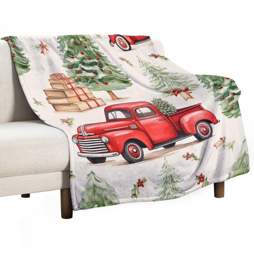 MaSiledy Blanket Vintage Red Truck Christmas Throw Blankets Rustic Country Holiday Throw Blankets Flannel Blanket for Couch Bed Sofa Christmas Halloween Fathers Mothers Valentines Day Gift 60"x80"