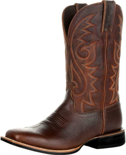 furlinkhm Western Cowboy Boots for Men,Western Square Toe Cowboy Boots Retro Leather Embroidery Casual Chunky Heel Wide Calf Pull On Boots (Brown, 11)