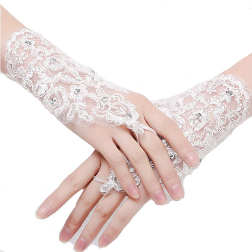 Rhinestone Short Bride Fingerless Wedding Gloves Bridal Gloves Wedding Accessories (White)