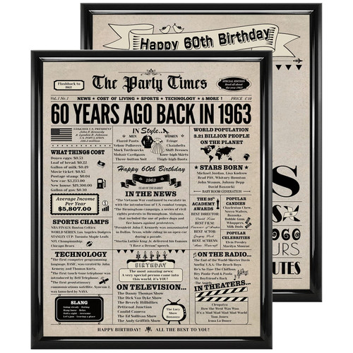 60th Birthday Decorations Women and Men, 2 Pieces Vintage 60th Birthday Posters, Back in 1963 Birthday Party Supplies, 60th Birthday Gifts for Mom and Dad, 8x10 Inch