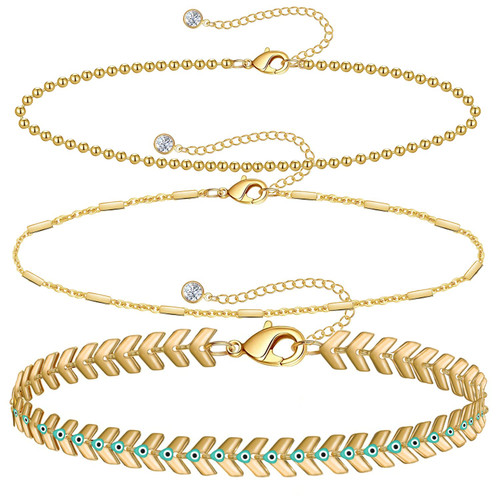 Evil Eye Gold Ankle Bracelets for Women 14k Gold Plated Anklet Gold Bead Chain Anklet Enamel Evil Eye Fishbone Handmade Chain Dainty Layered Anklet Set 3Pcs