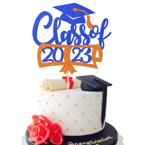 1 PCS Class of 2023 Cake Topper Glitter Diploma 2023 Congrats Grad Cap Cake Pick for 2023 Graduation Theme Party Cake Decorations Supplies Blue Orange