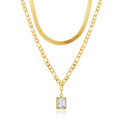BUREI Dainty Gold Layered Choker Necklace Layered Birthstone Necklace for Women Simple CZ Diamond Pendant Necklace for Girls (Gold+White Crystal)
