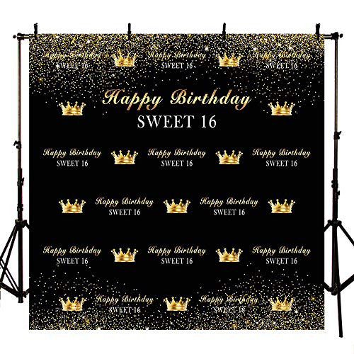 MEHOFOTO Crown Sweet 16 Photo Background Happy Birthday Party Banner Black Gold Backdrops for Photography 8x8ft