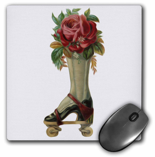 3dRose 8 x 8 x 0.25 Inches Vintage Steampunk Victorian Lady Boot Roller Skate with Red Rose Bouquet Mouse Pad (mp_104671_1)