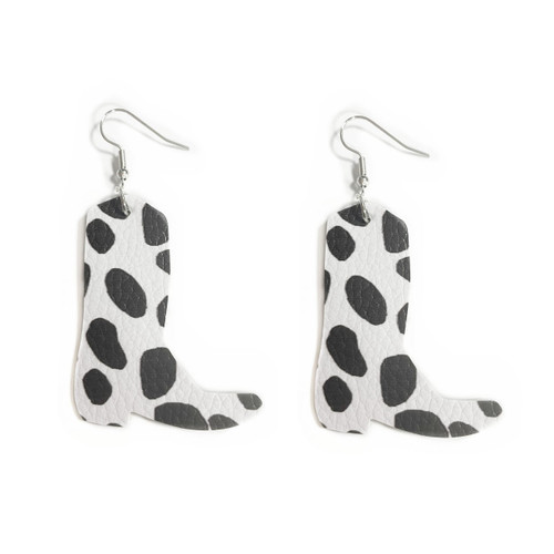 Cute Cowboy Cowgirl Boots Hat Drop Dangle Earrings PU Leather Earrings Colorful Heart Cow Print Texas Western Earrings for Women Girls-Leather Cow Print