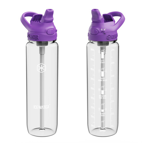 ICEWATER - 32 oz Plastic Water Bottle With Straw and Carry Handle, Leakproof Lockable Auto Straw Lid, One-hand Operation, Motivational Time Marker, BPA-Free (32 oz, Purple-Clear)