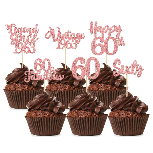 36Pcs Vintage 1963 Cupcake Toppers Rose Gold Glitter Happy 60th Birthday Cupcake Picks Sixty 60 Fabulous Cake Decorations for 60th Birthday Wedding Anniversary Party Supplies