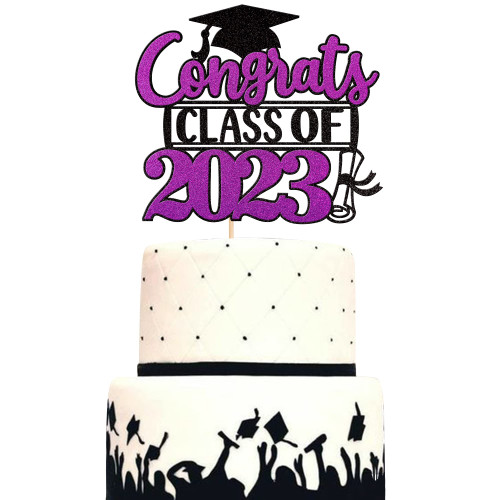 Rsstarxi 1 Pack Black Purple 2023 Graduation Cake Topper Glitter Congrats Class of 2023 Graduation Cap Diploma Cake Pick for Congrats 2023 Graduation Theme Party Cake Decorations Supplies