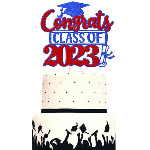Rsstarxi 1 Pack Congrats Class of 2023 Cake Topper Glitter Congrats Class of 2023 Graduation Cap Diploma Cake Pick 2023 Graduation Theme Party Cake Decorations Red Blue