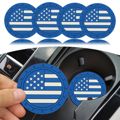 Slykew Pack-4 Car Cup Holder Coasters, 2.75 Inch Anti Slip Shockproof Embedded Drink Mat, American Flag Creative Decoration Coaster, Universal Car Interior Accessories (Blue)