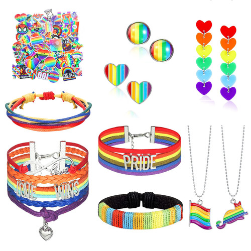 Helicopchain Gay Pride Stuff LGBTQ Accessories Lesbian Gay Pride Adjustable Bracelets Pride Rainbow Stud Drop Earrings Pride Rainbow Pendant Necklace Rainbow Stickers LGBT Jewelry Pride Gift For WomeMen
