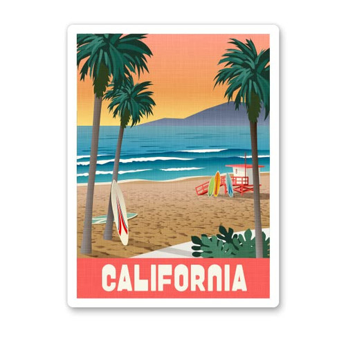 Squiddy California Retro Travel Poster Style - Vinyl Sticker Decal for Phone, Laptop, Water Bottle (3" high)