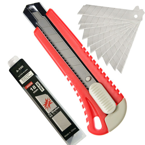 KINBRIEF 18mm Auto Lock Utility Knife Retractable Box cutter for Cartons,Carboards Arts Crafts Pack 1 with 10 Snap off Blades for Office and Home,white push Red