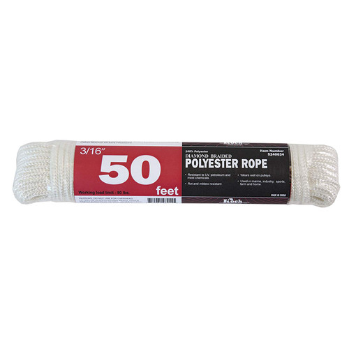 Koch Industries Braided Polyester Rope, 3/16 Inch by 50 Feet, White, Hank