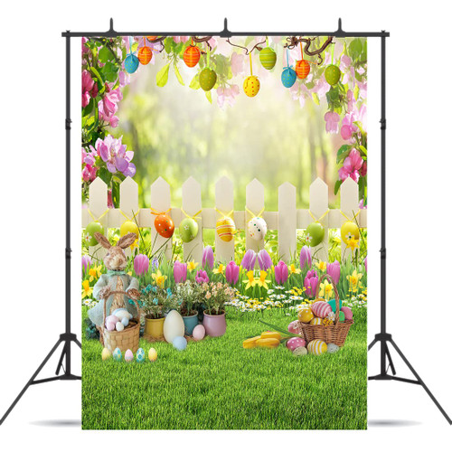 Dudaacvt 5x7ft Easter Backdrop Spring Easter Floral Backdrop Colorful Eggs Fence Grass Background Easter Party Backdrop Banner D623