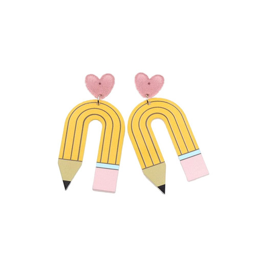 Cute Pencil Dangle Earrings Funny Pencil Heart Drop Earrings Colorful Creative Jewelry Back to School Teachers Appreciation Day Gifts for Teachers Students-Yellow
