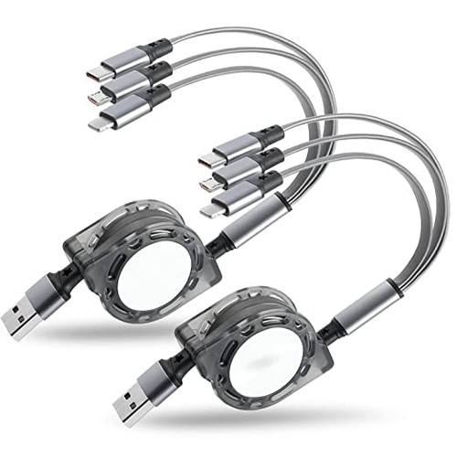 2Pack Multi USB Charger Cable Retractable 3 in 1 Multiple Charging Cord Adapter with Mini Type C Micro USB Port Connectors Compatible with Cell Phones