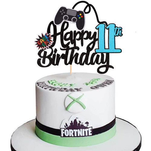 1 PCS Video Game Happy 11th Birthday Cake Topper Glitter Video Game Cake Pick Game On Controllers Eleven Cheers to 11 Years Cake Decoration for Happy 11th Birthday Party Supplies Blue