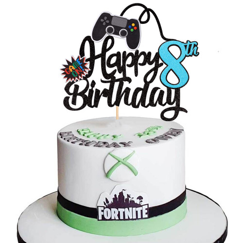 1 PCS Video Game Happy 8th Birthday Cake Topper Glitter Video Game Cake Pick Game On Controllers Eight Cheers to 8 Years Cake Decoration for Happy 8th Birthday Party Supplies Blue
