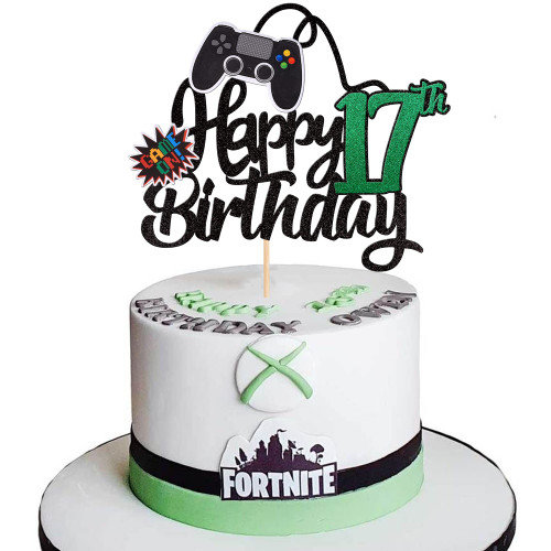 1 PCS Video Game Happy 17th Birthday Cake Topper Glitter Video Game Cake Pick Game On Controllers Seventeen Cheers to 17 Years Cake Decoration for Happy 17th Birthday Party Supplies Green