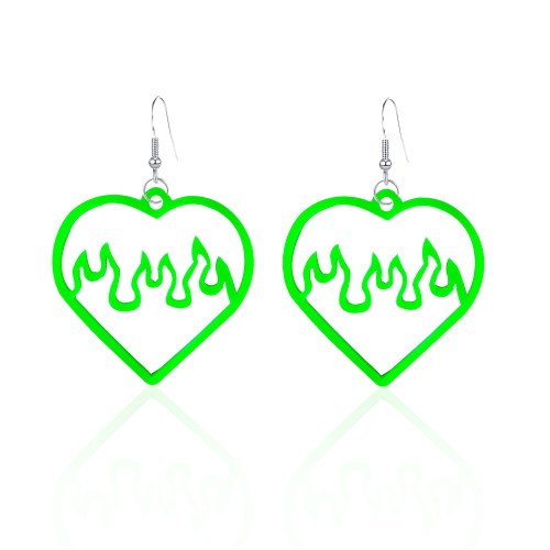 Neon Red Fire Lightweight Acrylic Flame Heart Dangle Earrings Unique Charm vampire Hollow Flame Love Heart Earrings for Women Girls Friends Jewelry Gifts (Green)