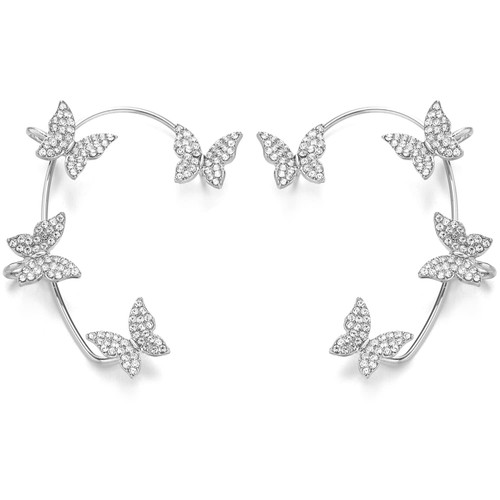 2PCS Zircon Butterfly Ear Cuff Earrings for Women Ear Wrap Crawler Earrings No Piercing Butterfly Ear Clip Wrap Around Fake Earrings for Girls (Silver Left & Right)