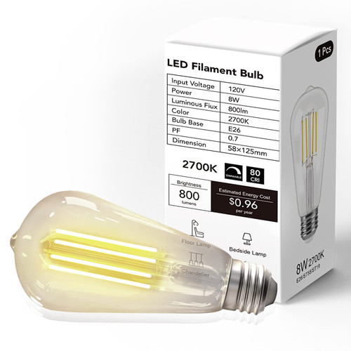 phopollo Vintage LED Edison Bulbs, Dimmable 2700K Warm White, 8W 800Lumens, 60W Equivalent Incandescent, ST58 Antique LED Filament Bulbs, 80+ CRI, E26 Medium Base, Clear Glass 1 Pack