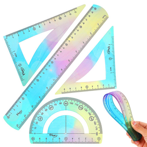 Grevosea 4 Pcs Ruler Set Includes 12inch Straight Ruler Triangle Ruler and Protractor Shatterproof Flexible Ruler Plastic Ruler Math Geometry Tool for School Classroom Office Kids & Adults (Blue)