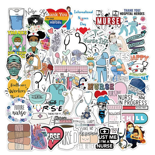 Cool Nurse Stickers for Laptop, 50pcs Pack Waterproof Vinyl Decal for Teen Water Bottle, Skateboard, Guitar, Travel Case, Phone, Bike Decals