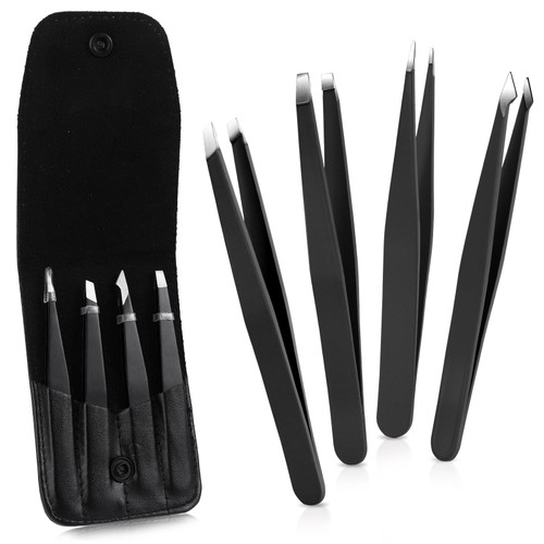 Tweezers Set, 4 Pieces Stainless Steel Eyebrow Tweezer Tweezers for Women Facial Hair Professional Precision Tweezers for Eyebrows Facial Hair Ingrown Hair Splinter Blackhead and Tick Remover (Black) Tweezers Set, 4 Pieces Stainless Steel Eyebrow Tweezer Tweezers for Women Facial Hair Professional Precision Tweezers for Eyebrows Facial Hair Ingrown Hair Splinter Blackhead and Tick Remover (Black)