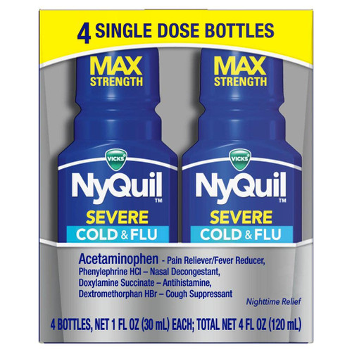 Vicks NyQuil Severe Shots Cold and Flu Nighttime Relief Liquid, 1 Fl Oz (Pack of 4)