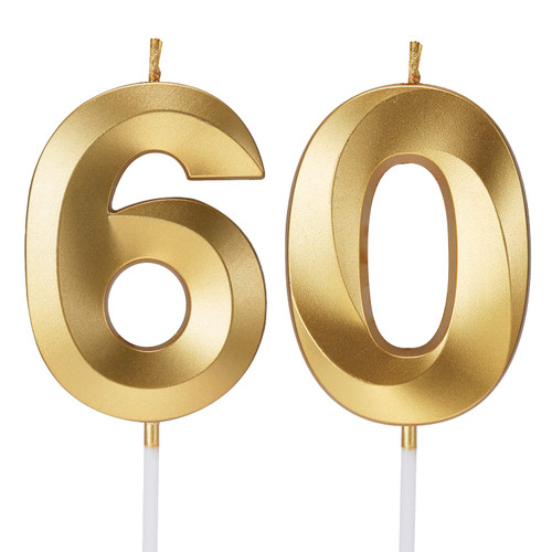 60th Birthday Candles for Cakes Numbers Candle Happy 60 Birthday 3D Designed Wedding Anniversary Party Cake Topper Decorations (60, Gold)