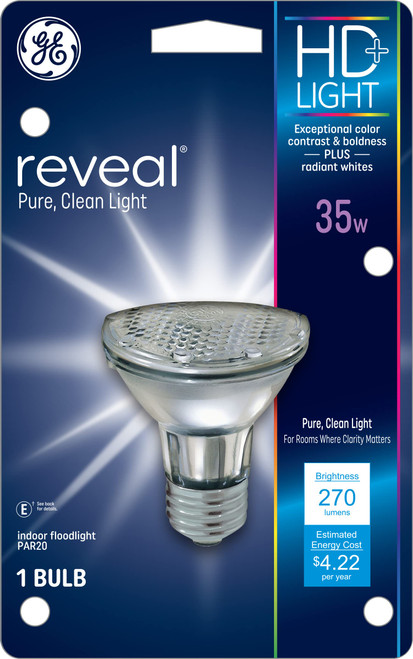 GE Reveal Light Bulb, 35 Watt, HD+ Light, PAR20 Indoor Floodlight Bulb, Medium Base (1 Pack) GE Reveal Light Bulb, 35 Watt, HD+ Light, PAR20 Indoor Floodlight Bulb, Medium Base (1 Pack)
