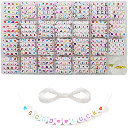 1400+ 4x7mm White Round Acrylic Alphabet Letter Beads A-Z Heart Pattern Beads and Crystal Line for Jewelry Making Bracelets Necklaces Key Chains