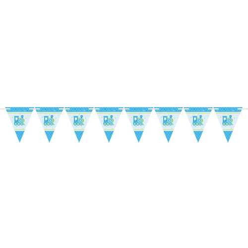 amscan Charming Welcome Little One Boy Pennant Banner Baby Shower Party Decorations, 15', Blue/White/Green