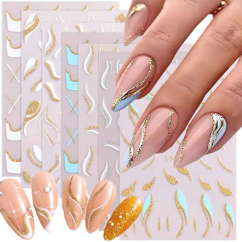 8 Sheets French Tip Nail Stickers Decals 3D Self Adhesive Glitter Silver Gold French Stripe Lines Wave Nail Decals Design French Nail Art Charm Decals for Women and Girls Acrylic DIY Nail Decoration 8 Sheets French Tip Nail Stickers Decals 3D Self Adhesive Glitter Silver Gold French Stripe Lines Wave Nail Decals Design French Nail Art Charm Decals for Women and Girls Acrylic DIY Nail Decoration