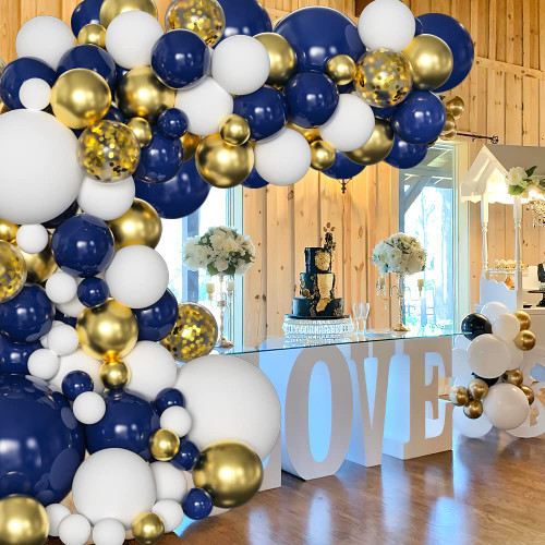 Navy Blue Gold White Balloon Garland Kit, 131Pcs Dark Blue Balloon Metallic Gold Balloon White Balloons Gold Confetti Balloons, Navy Blue and Gold Party Decorations for Graduation, Birthday, Wedding