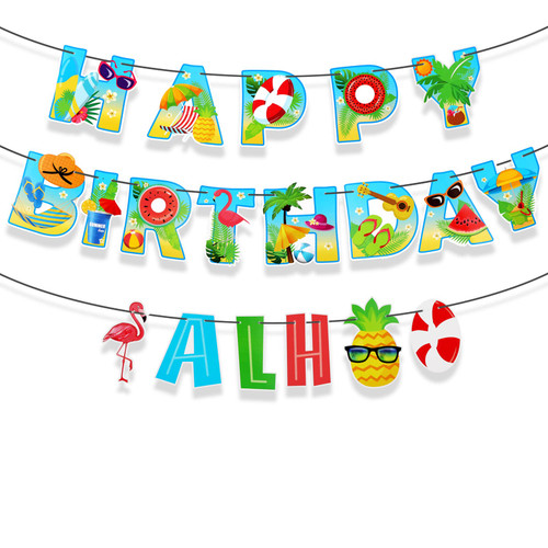 HOWAF Hawaiian Aloha Party Decoration Banner, Summer Pool Party Happy Birthday Backdrop Banner for Tropical Themed Party Supplies, Luau Party Decoration Beach Party Decoration Flamingo Pineapple Decor
